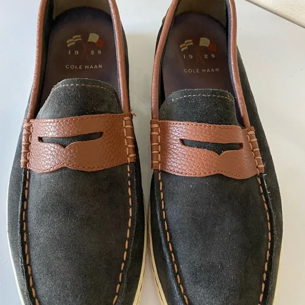 Cole Haan 1928 Suede loafer- 11.5 charcoal /brown leather trim ,